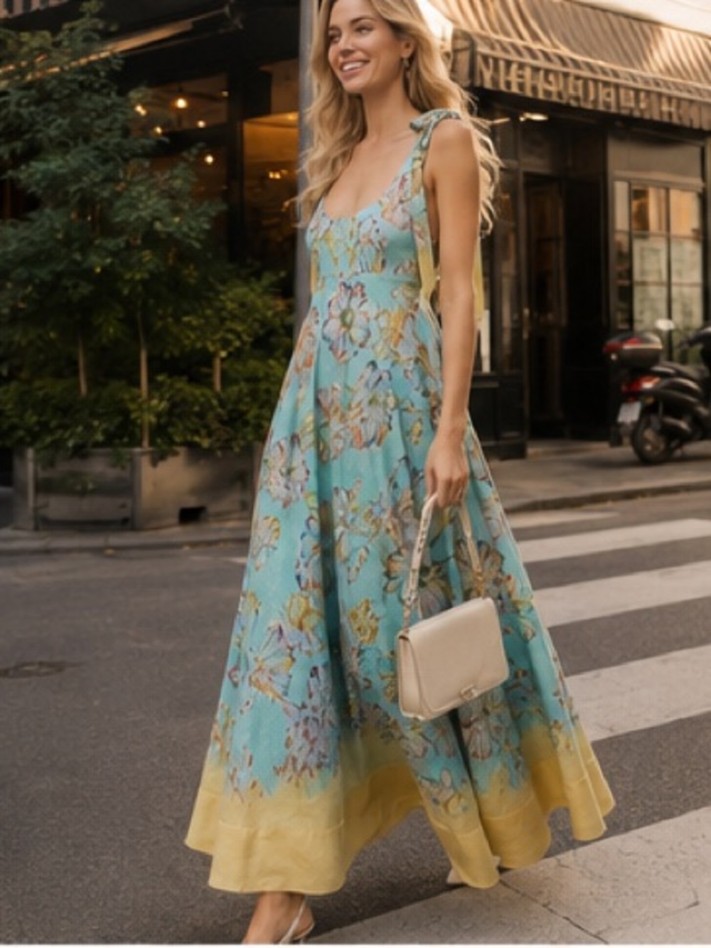 Alemais Aqua Floral Backless Maxi Dress with Yellow Hem